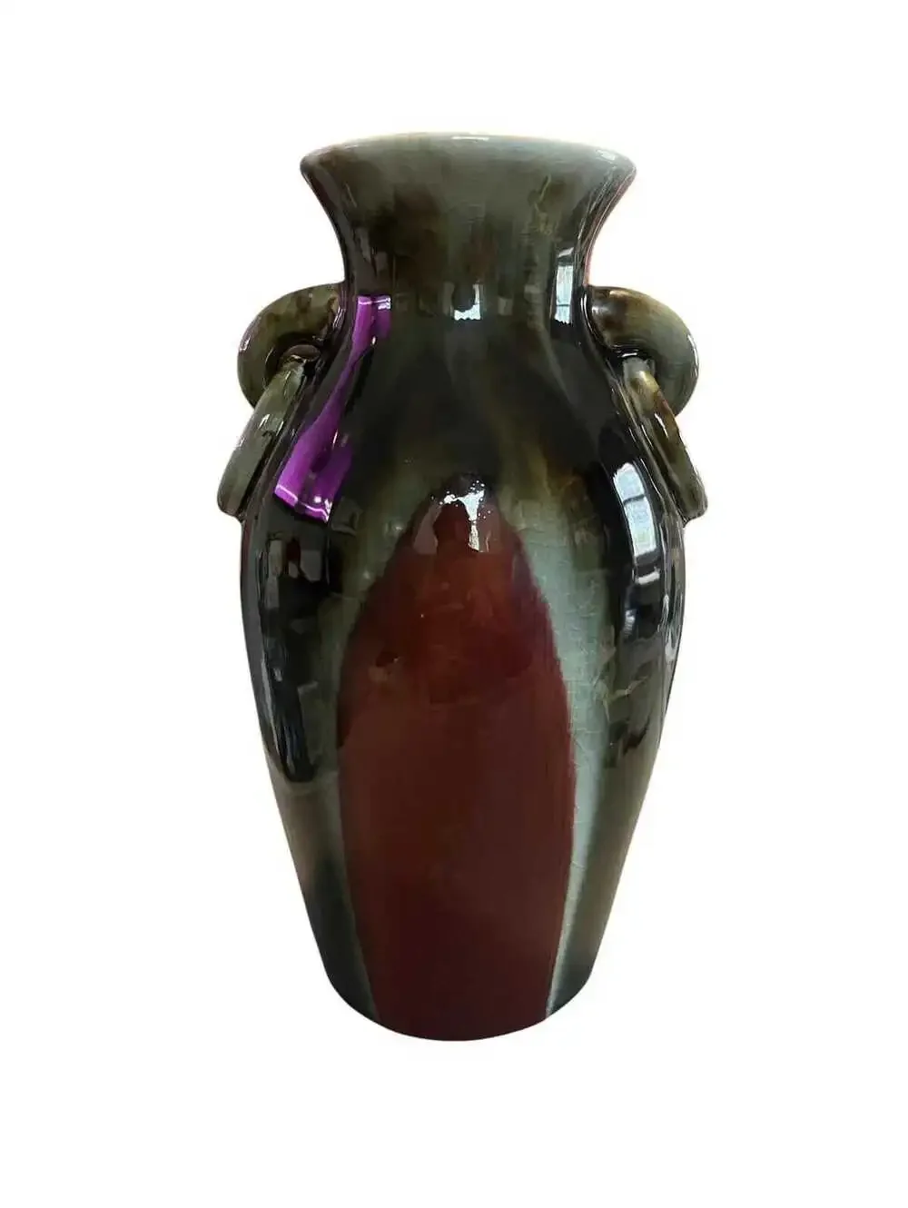 Vintage 10” Drip Glaze Art Pottery with Handles Oxford Red & Green Finish